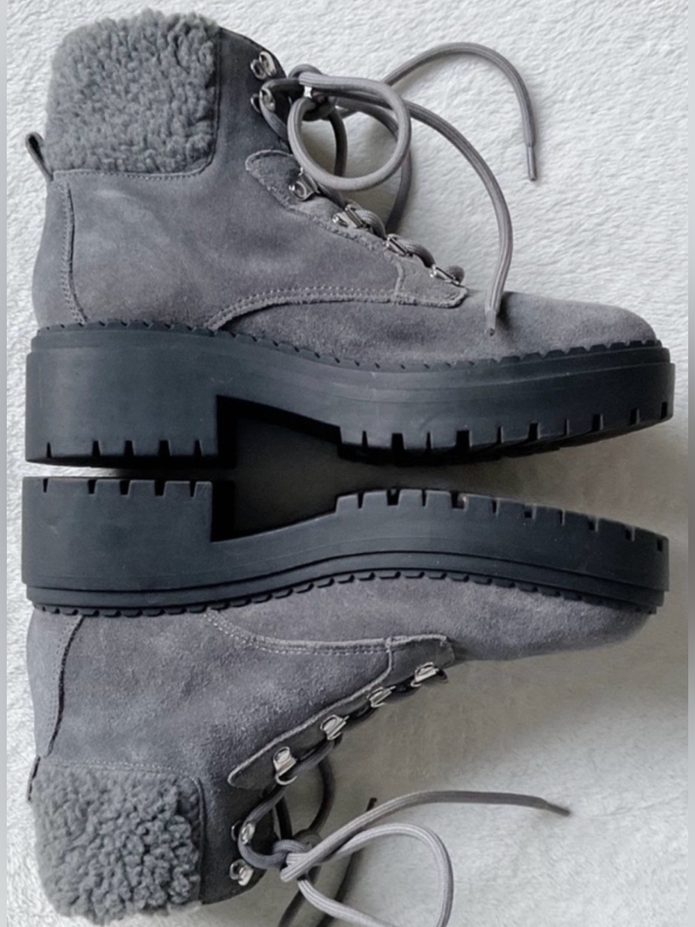 Marc Fisher Leigan Gray Suede Lug Sole Hiker Ankle Boots Faux Shearling 7.5